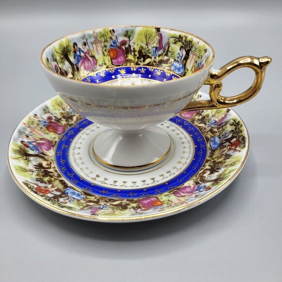 Vtg Royal Carlton Japan Porcelain Tea Cup Saucer Set Gold Handle Trim Victorian - Picture 2 of 14
